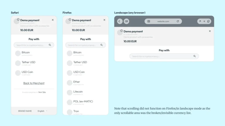Crypto checkout broken mobile